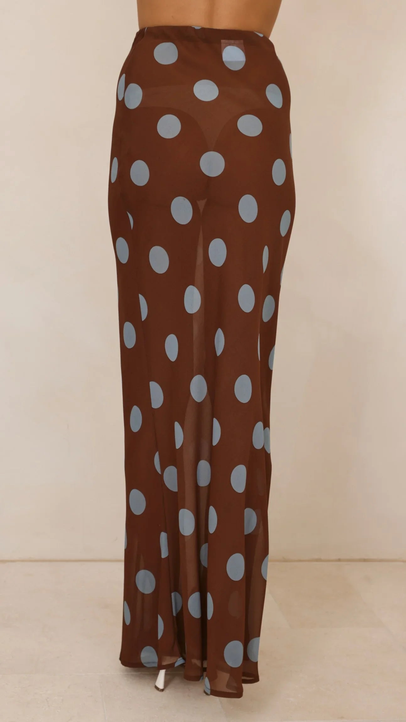 Yumi Oversized Tee and Sheer Skirt Set White Brown Blue Polka