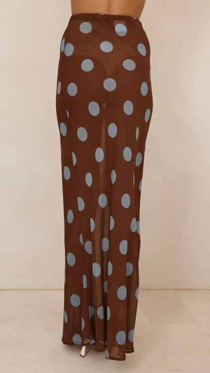 Yumi Oversized Tee and Sheer Skirt Set White Brown Blue Polka