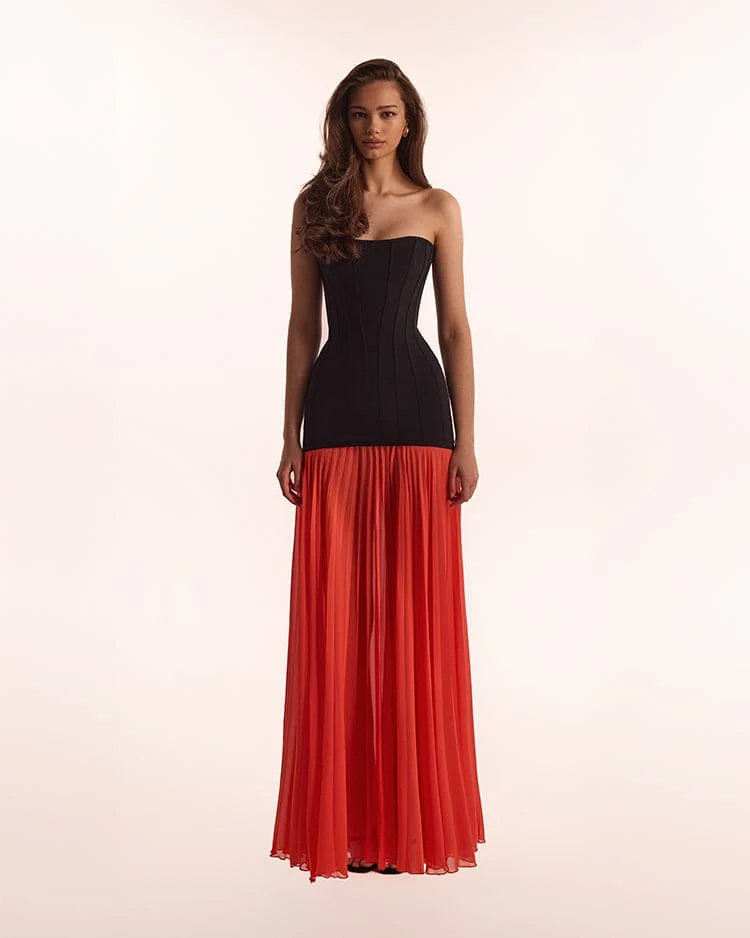 BlackCoral dress with a pleated skirt Parisienne