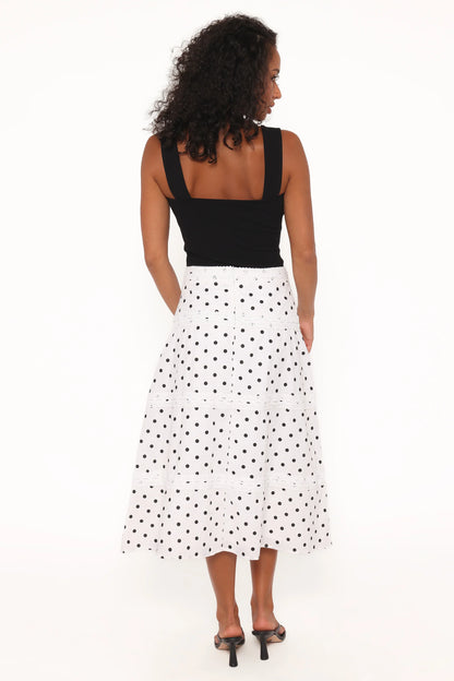 Lucia Tiered Midi Skirt White Polka Dot