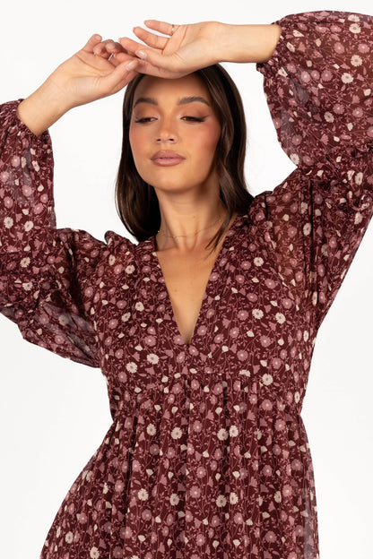 Evian Long Sleeve Maxi Dress Burgundy Multi