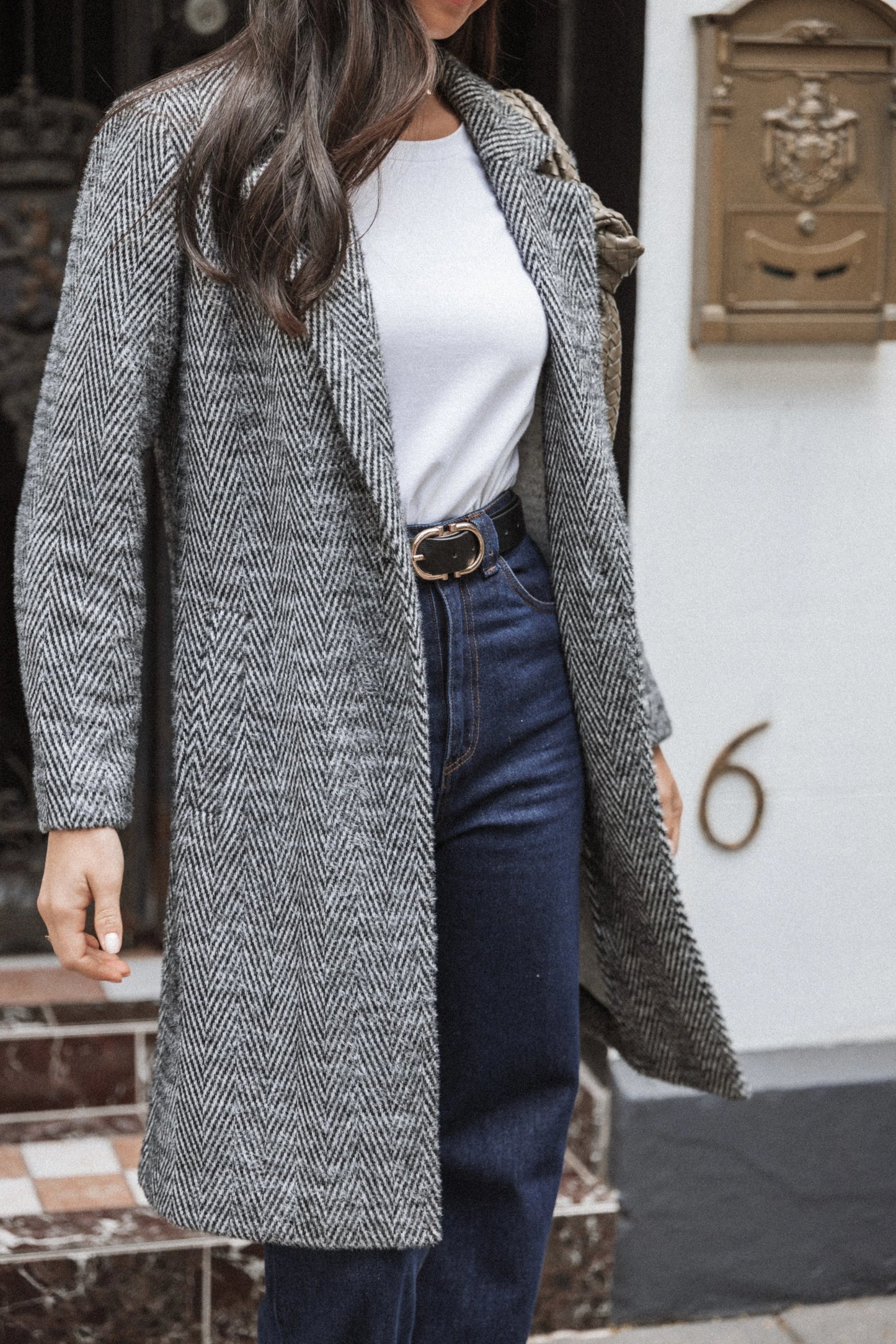 Nicoletta Single Button Herringbone Coat Black