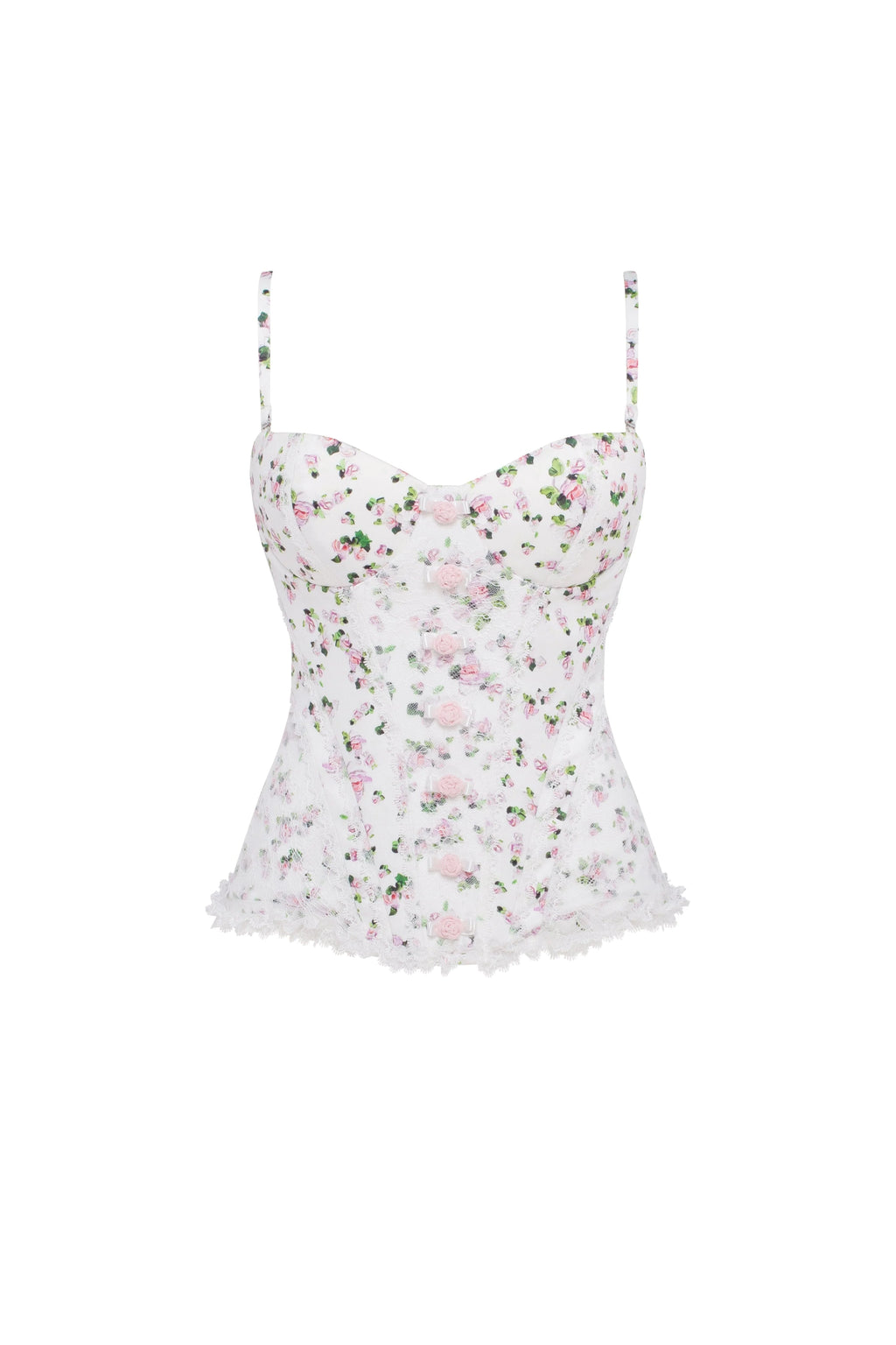 Romantic apple blossom corset with rosebud appliques