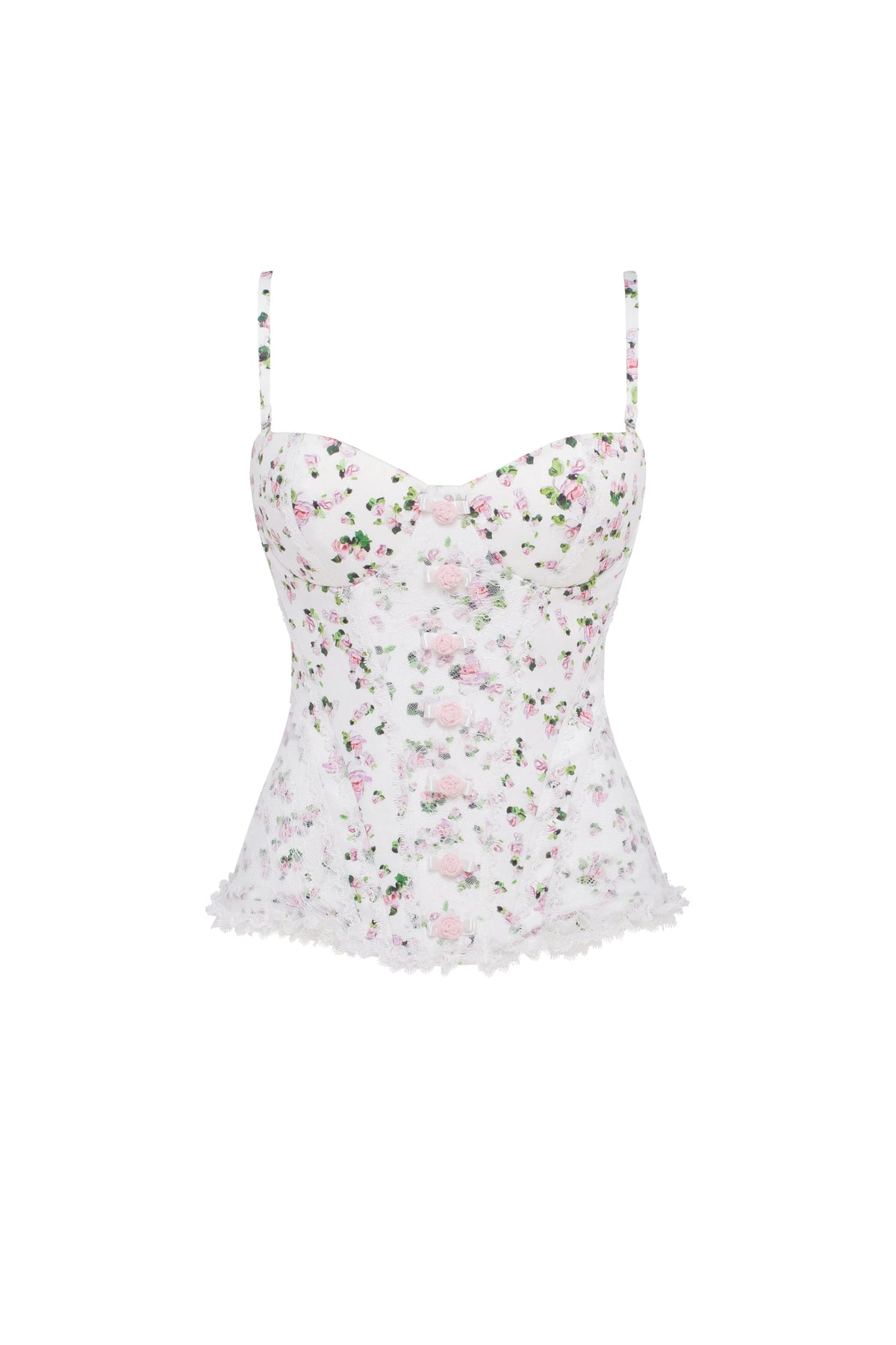 Romantic apple blossom corset with rosebud appliques