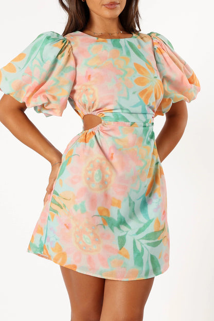 Natalie Puff Sleeve Mini Dress Coral Print
