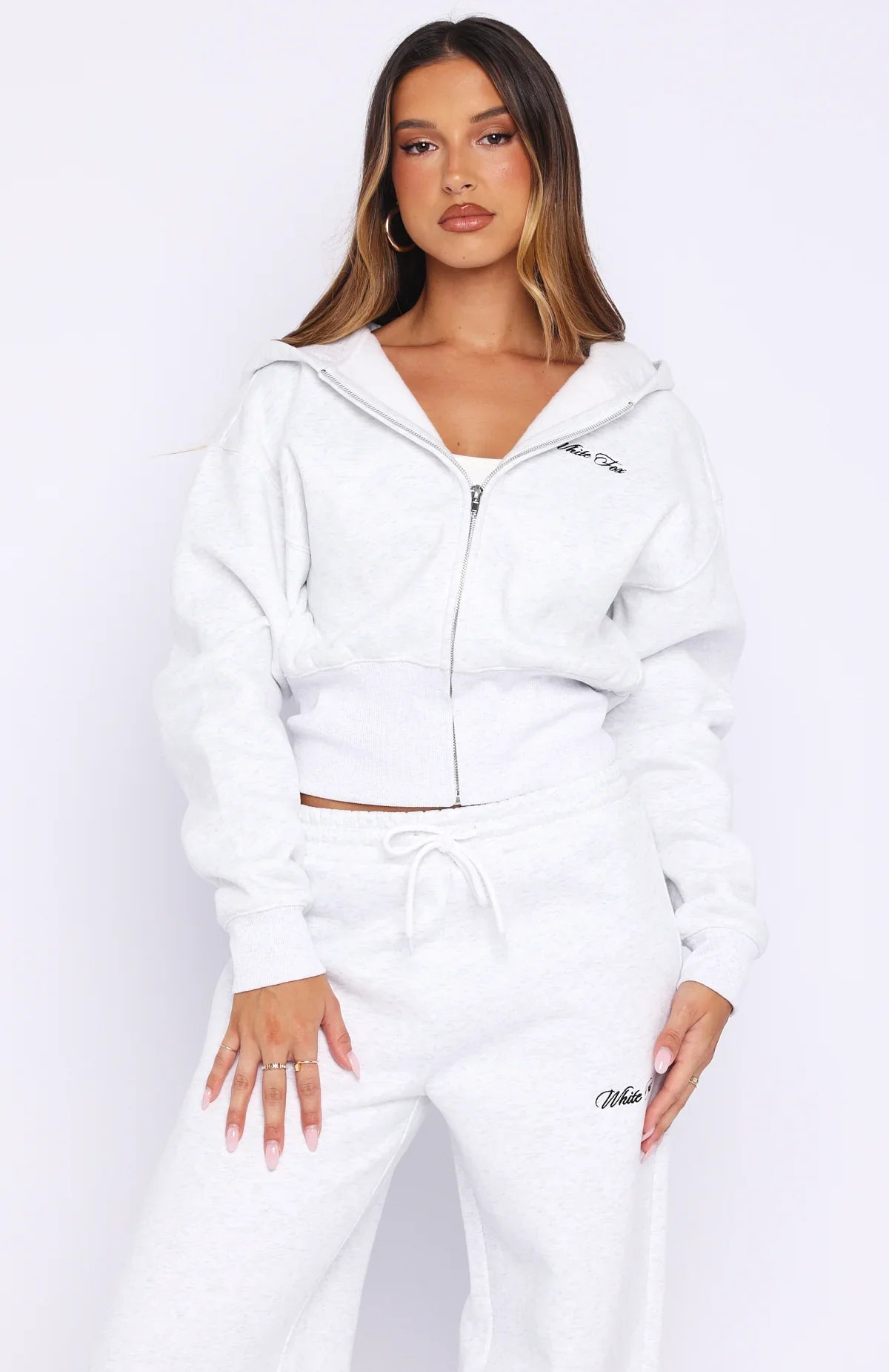 Wishing For It Cropped Cinched Zip Front Hoodie Grey Marle