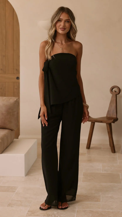 Zabrina Semi Sheer Strapless Top and Pants Set Black
