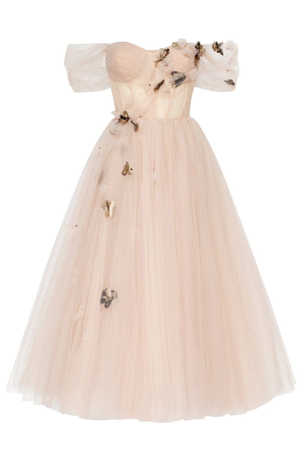 Off the shoulder midi gown with the tender embellishment