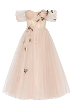 Off the shoulder midi gown with the tender embellishment