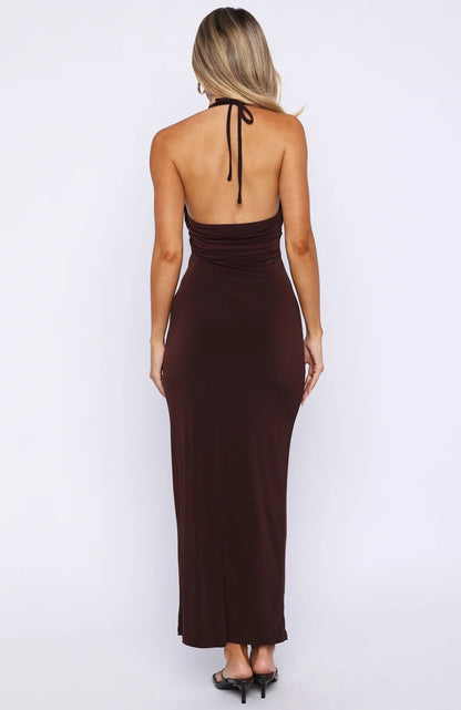 We All Want More Halter Neck Maxi Dress Chocolate