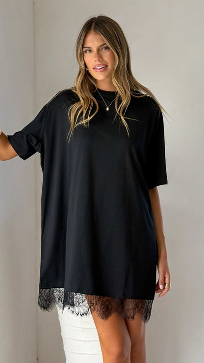 Saya T Shirt Lace Mini Dress Black
