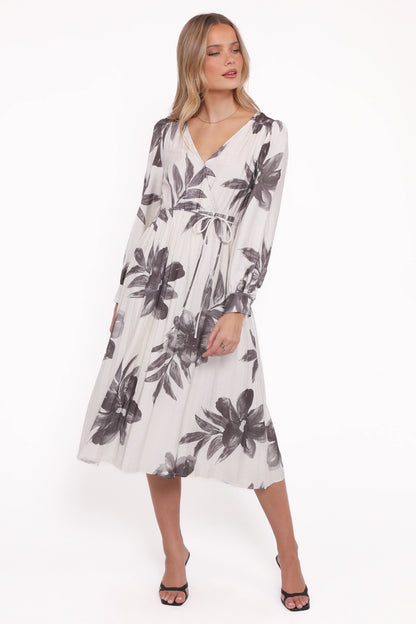 Grainne Long Sleeve Midi Dress Black White Floral