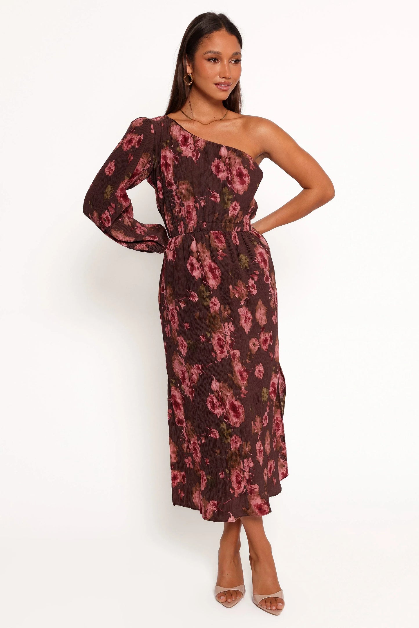 Pontee One Shoulder Pleated Midi Dress Chocolate Brown