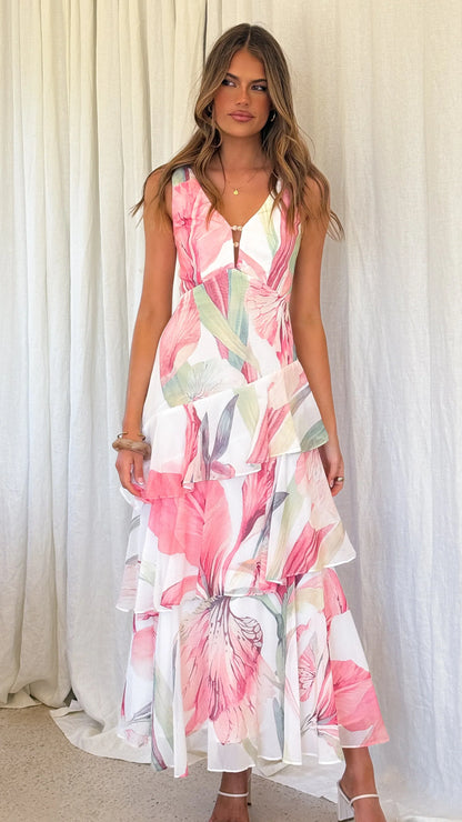 Reina Tiered Maxi Dress Pink Floral