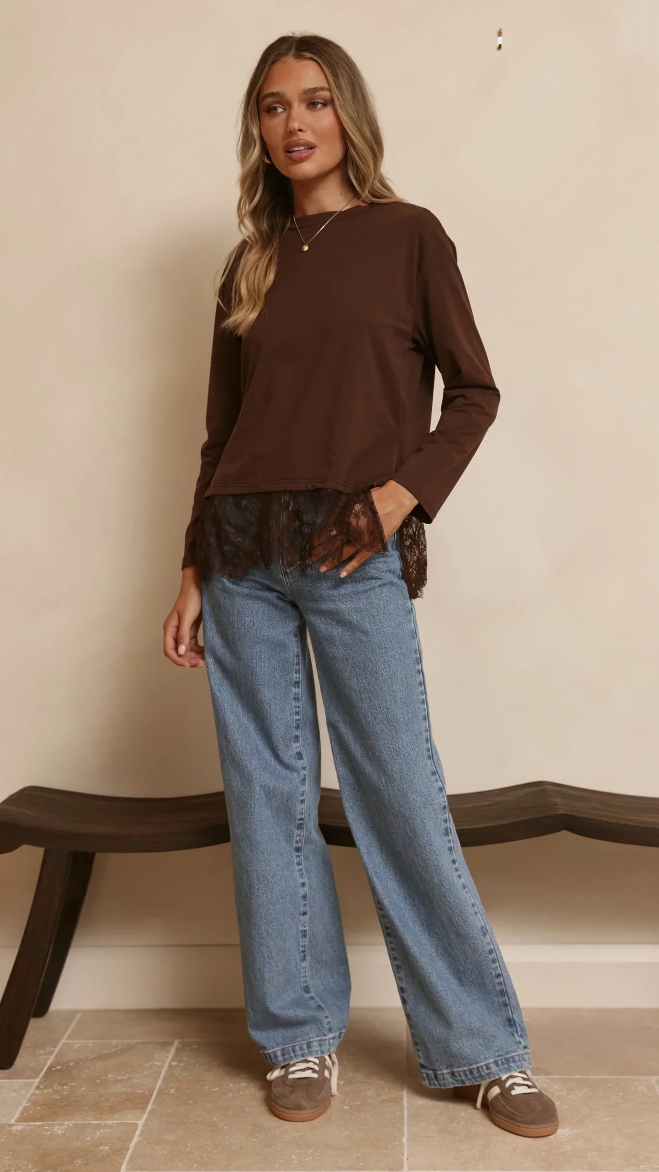 Alina Lace Trim Top Chocolate