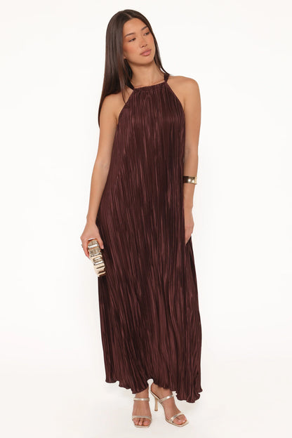 Melody Plisse Halter Maxi Dress Brown