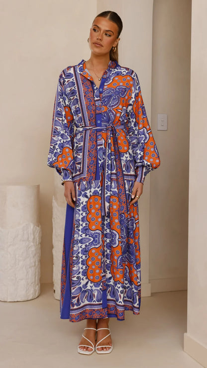 Tasha Maxi Dress Blue Orange Print