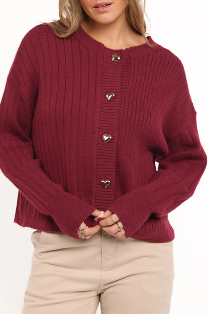 Loulani Heart Button Cardigan Cherry