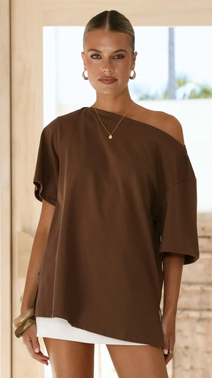 Pia One Shoulder Oversize Tee Chocolate