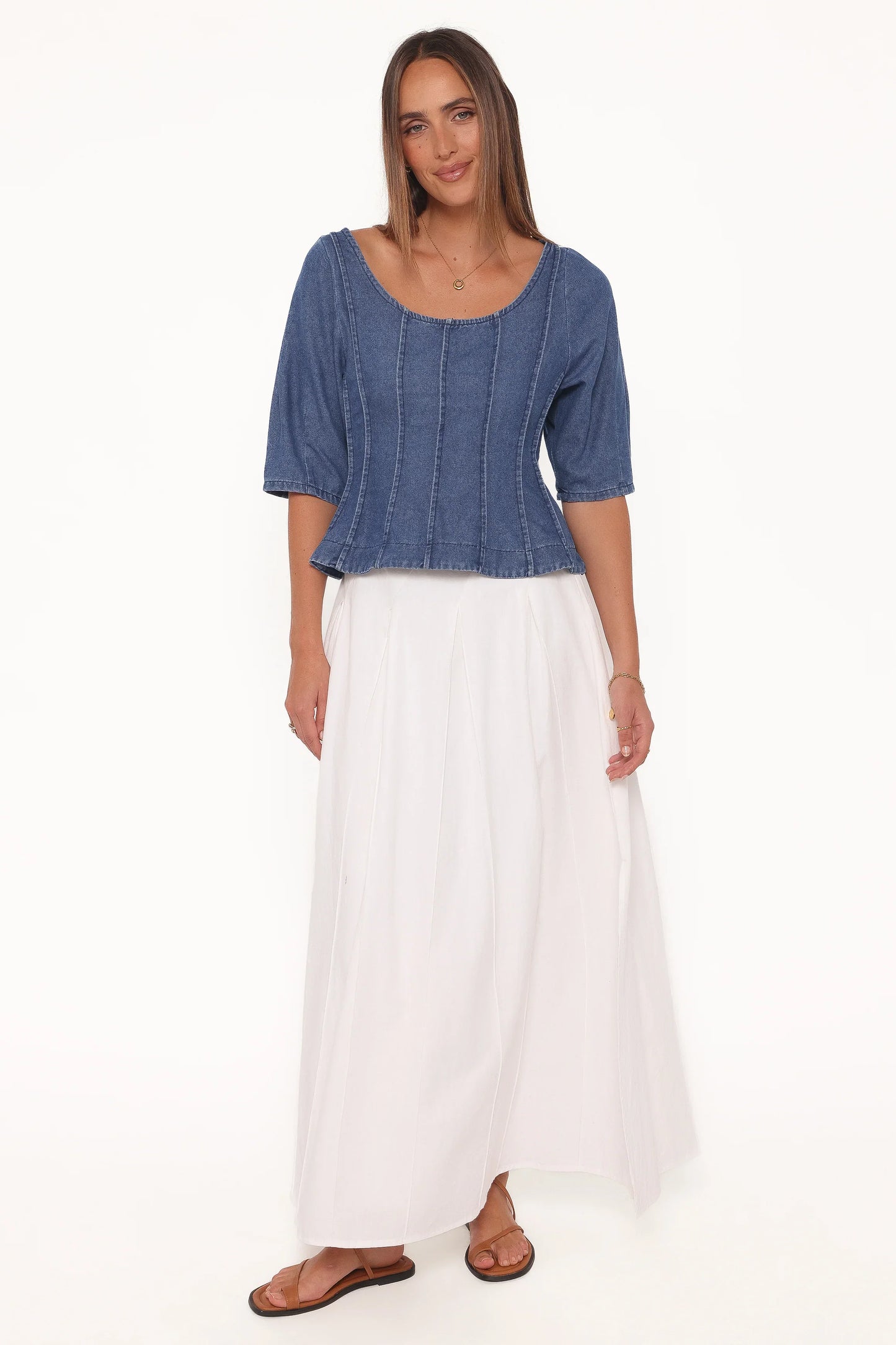 Saylor Denim Peplum Top Blue Medium Wash