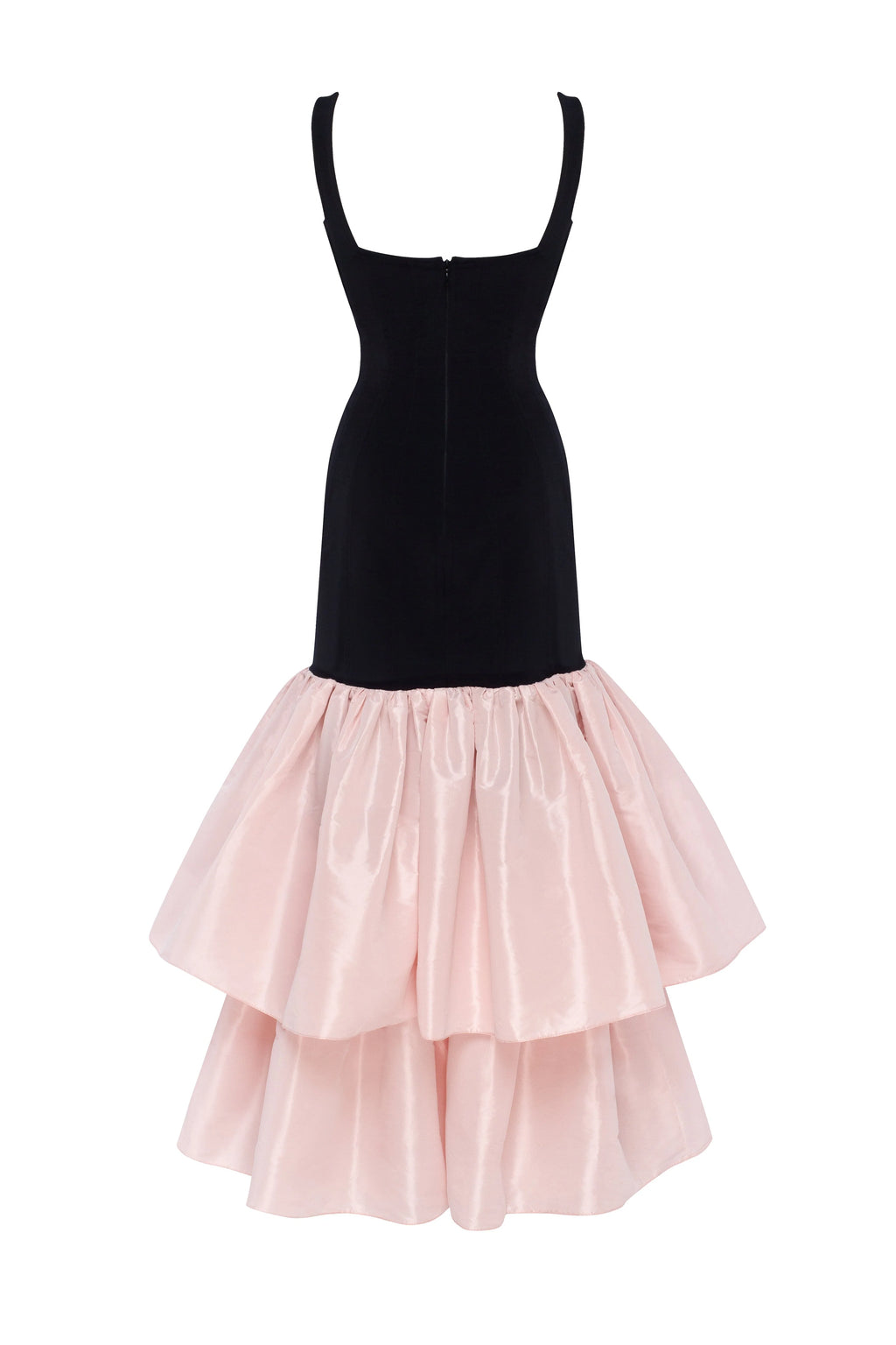 Black fitted maxi dress with pink puffy tiered skirt Parisienne