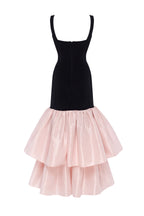 Black fitted maxi dress with pink puffy tiered skirt Parisienne