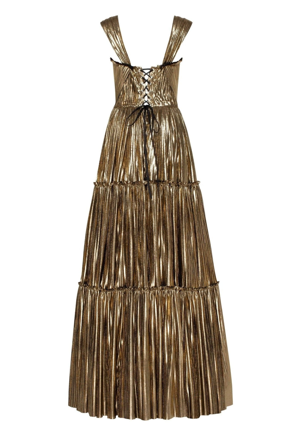 Golden Shiny maxi evening dress with an off the shoulder neckline
