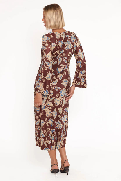 Morena Long Sleeve Midi Dress Brown Floral