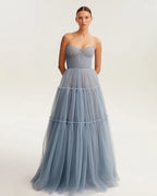 Cloudy blue tulle maxi dress with ruffled skirt Garden of Eden