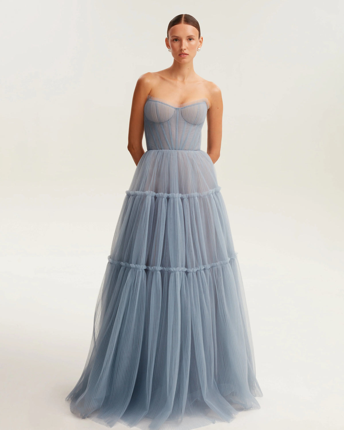 Cloudy blue tulle maxi dress with ruffled skirt Garden of Eden