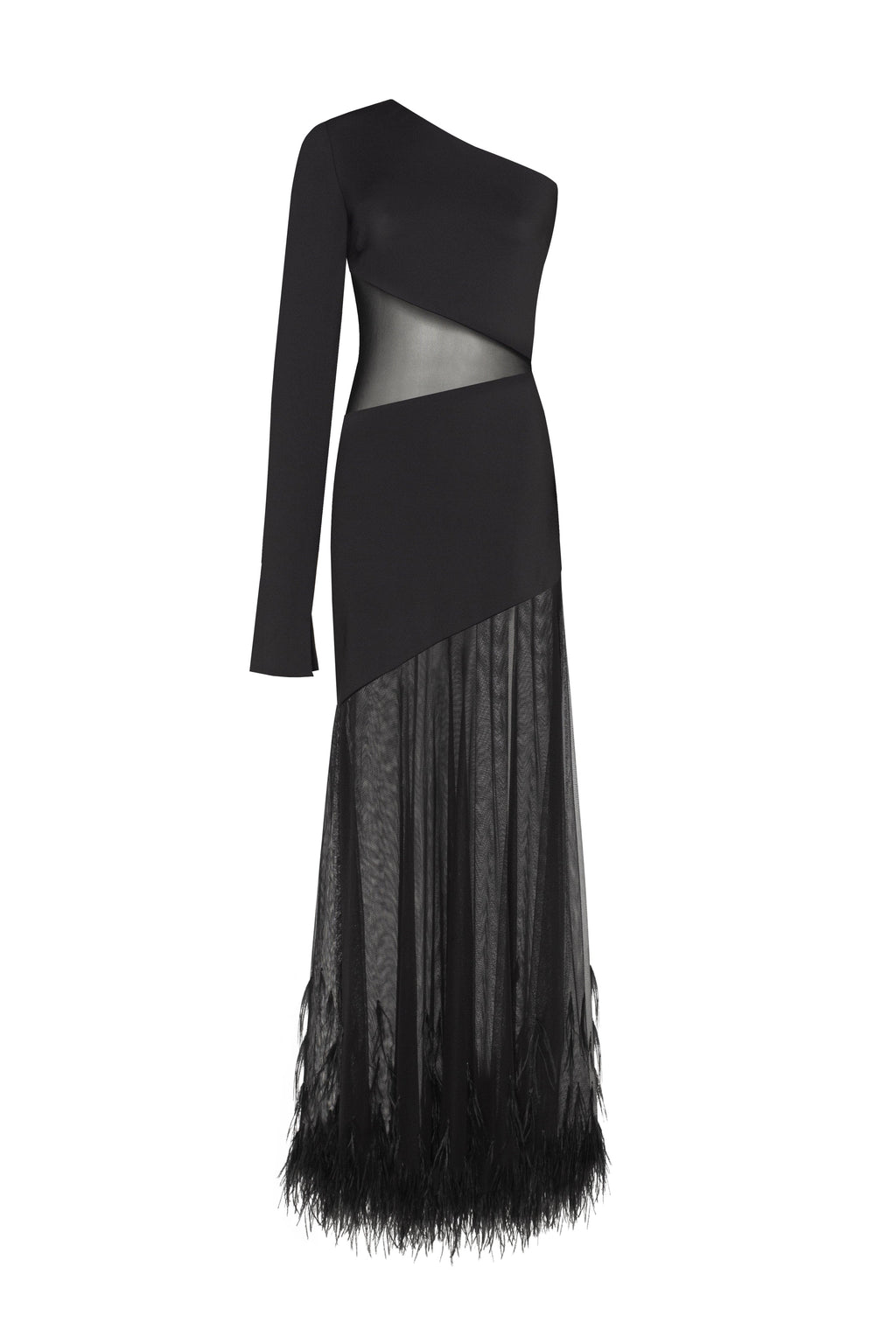 One shoulder maxi dress with feather trimmed bottom Xo Xo