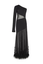 One shoulder maxi dress with feather trimmed bottom Xo Xo