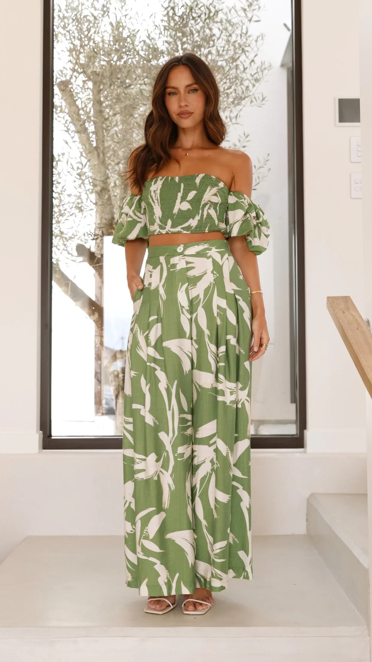 Callison Crop Top and Pants Set Green Print