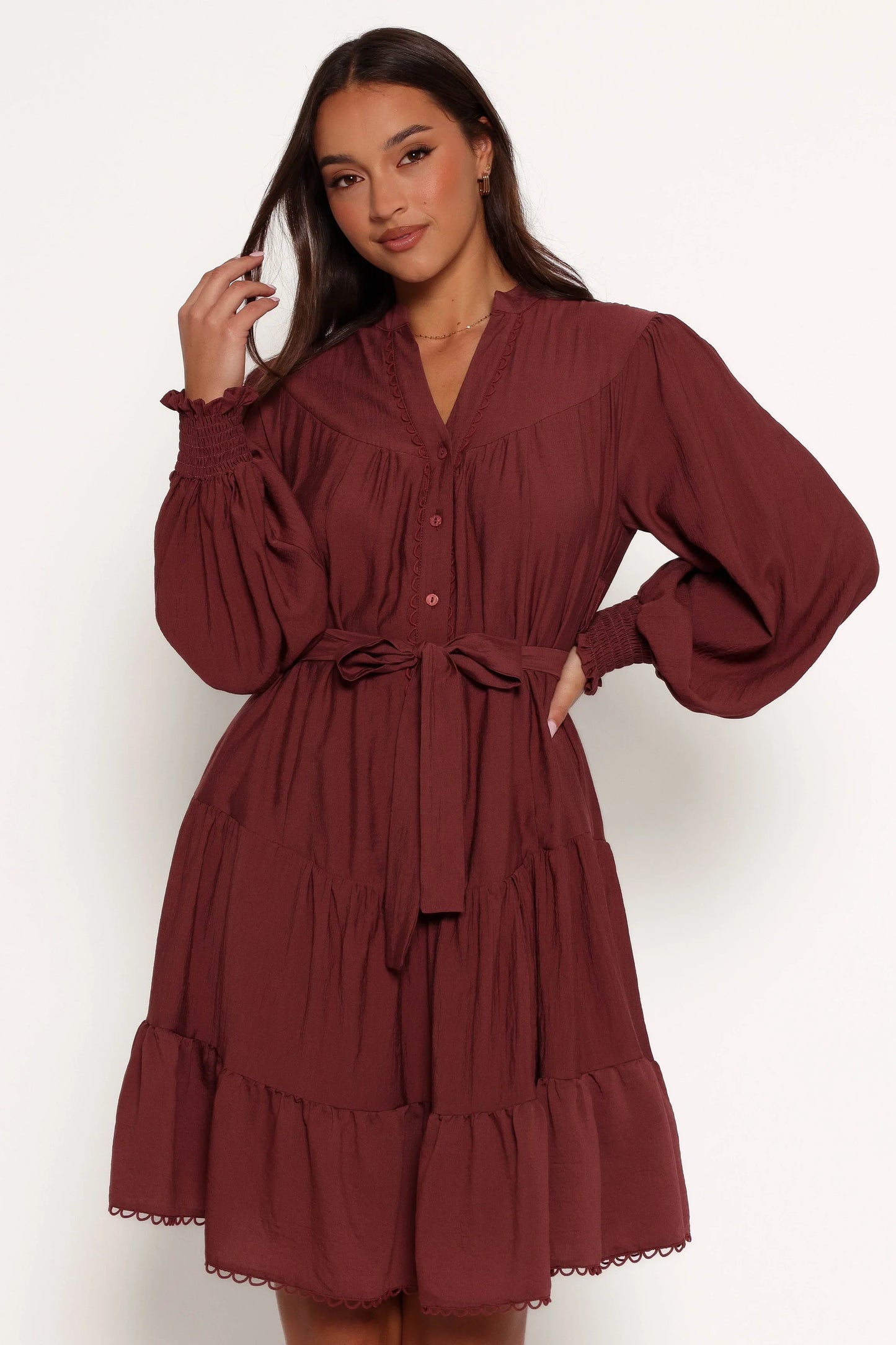 Pierce Long Sleeve Mini Dress Dark Wine