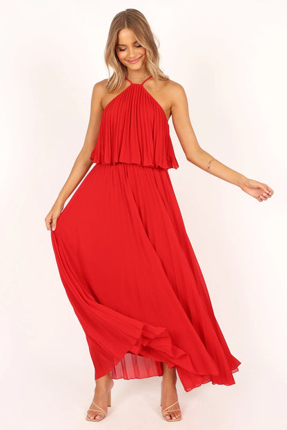 Gia Pleated Halterneck Maxi Dress Red