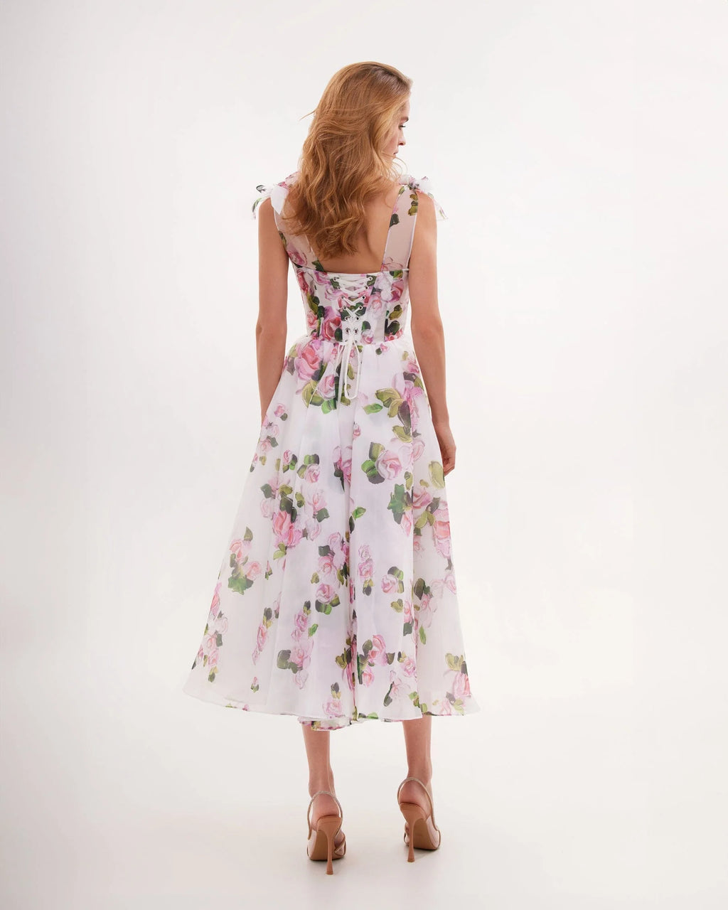 Tender floral midi tie strap dress