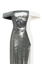 Noteworthy white satin maxi gown covered in silver sequins Xo Xo