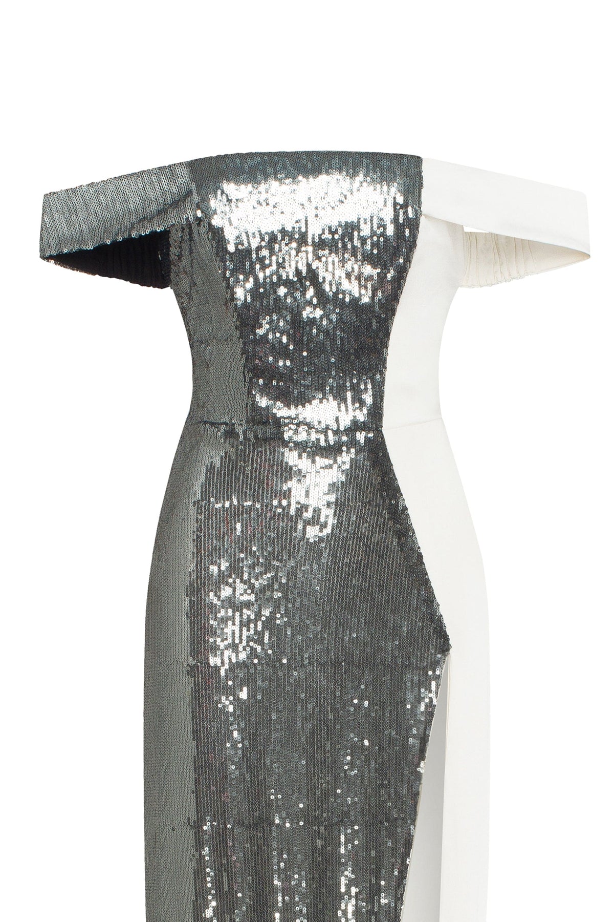 Noteworthy white satin maxi gown covered in silver sequins Xo Xo
