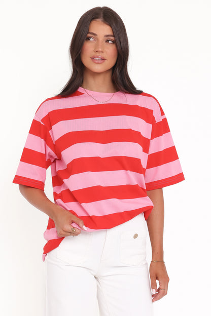 Zestora Tee Red Pink Stripe