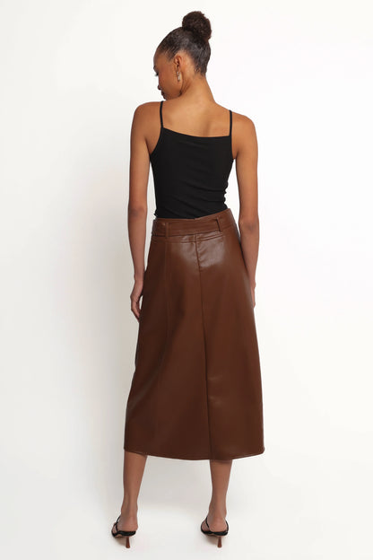 Adaline Faux Leather Midi Skirt Brown