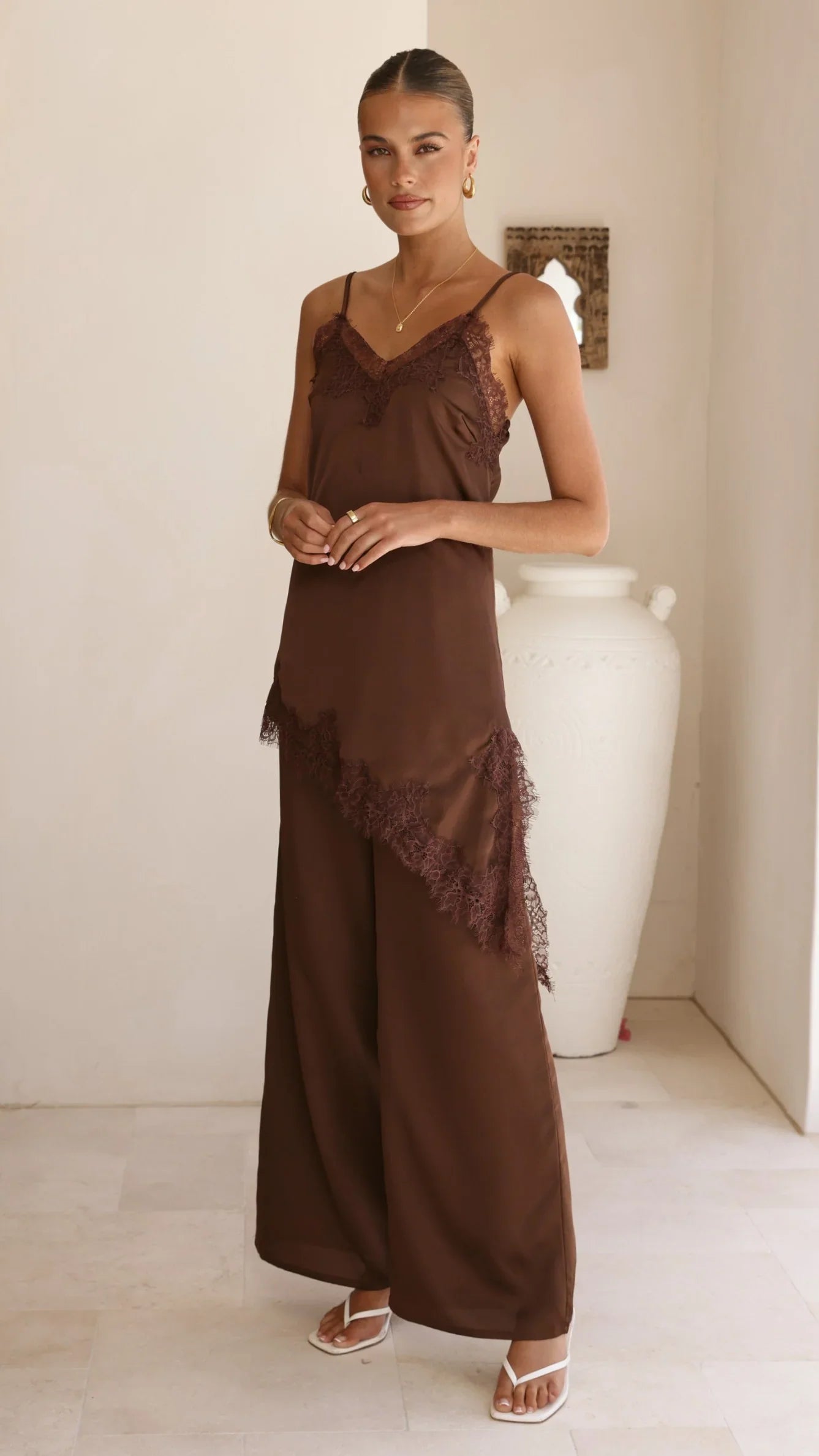 Hayleigh Asymmetrical Top and Pants Set Chocolate Lace