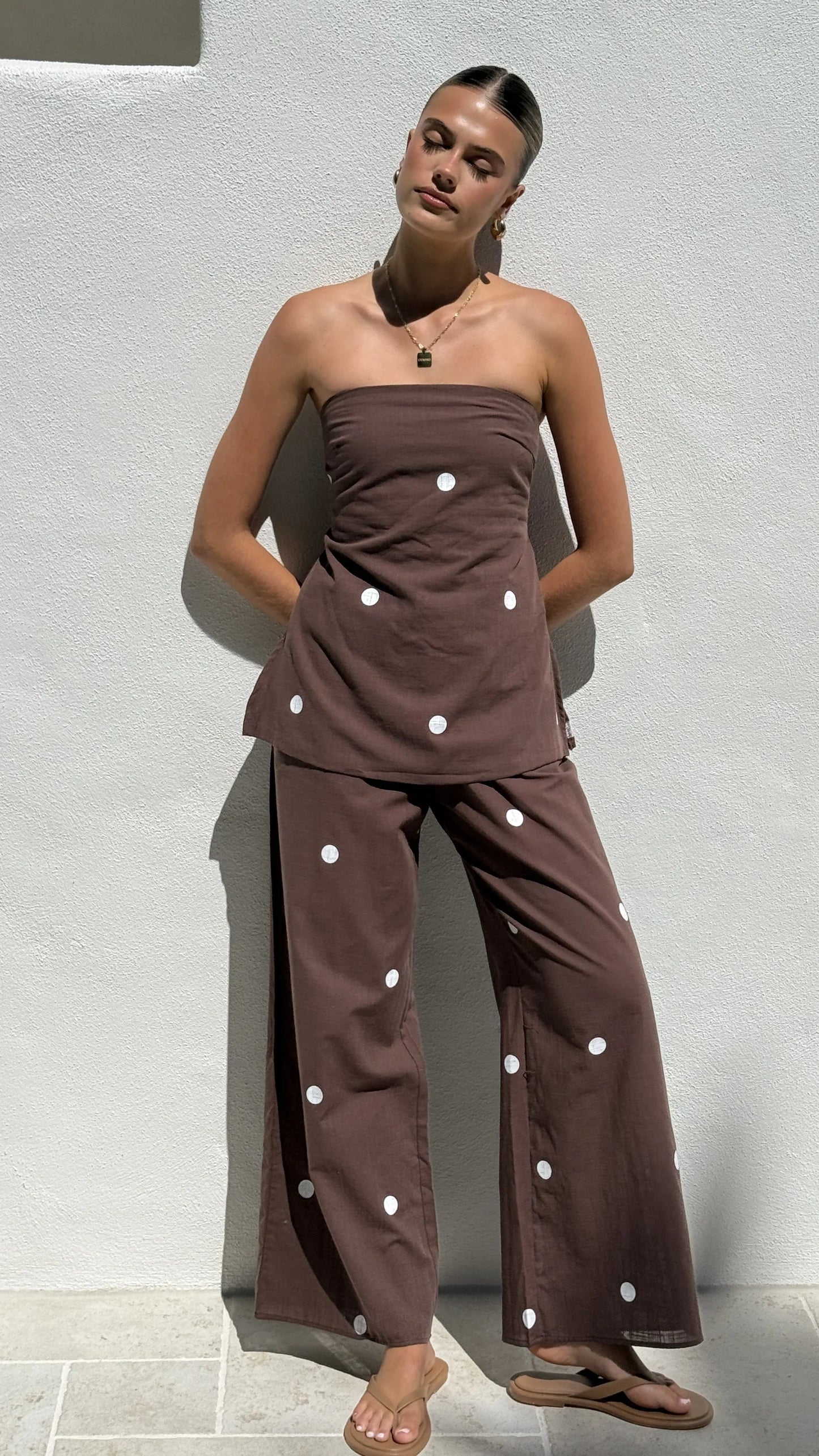 Kailani Strapless Top and Pants Set Chocolate White Polka Dot