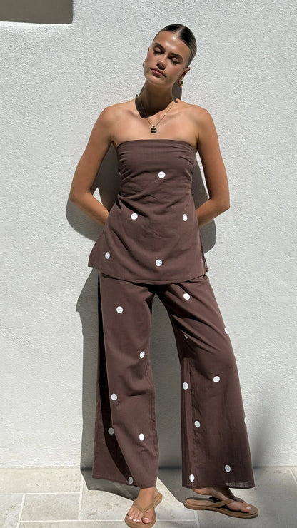 Kailani Strapless Top and Pants Set Chocolate White Polka Dot