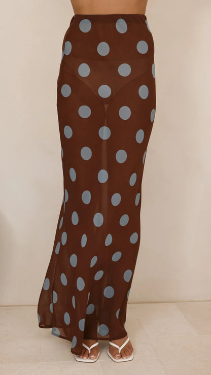 Yumi Oversized Tee and Sheer Skirt Set White Brown Blue Polka