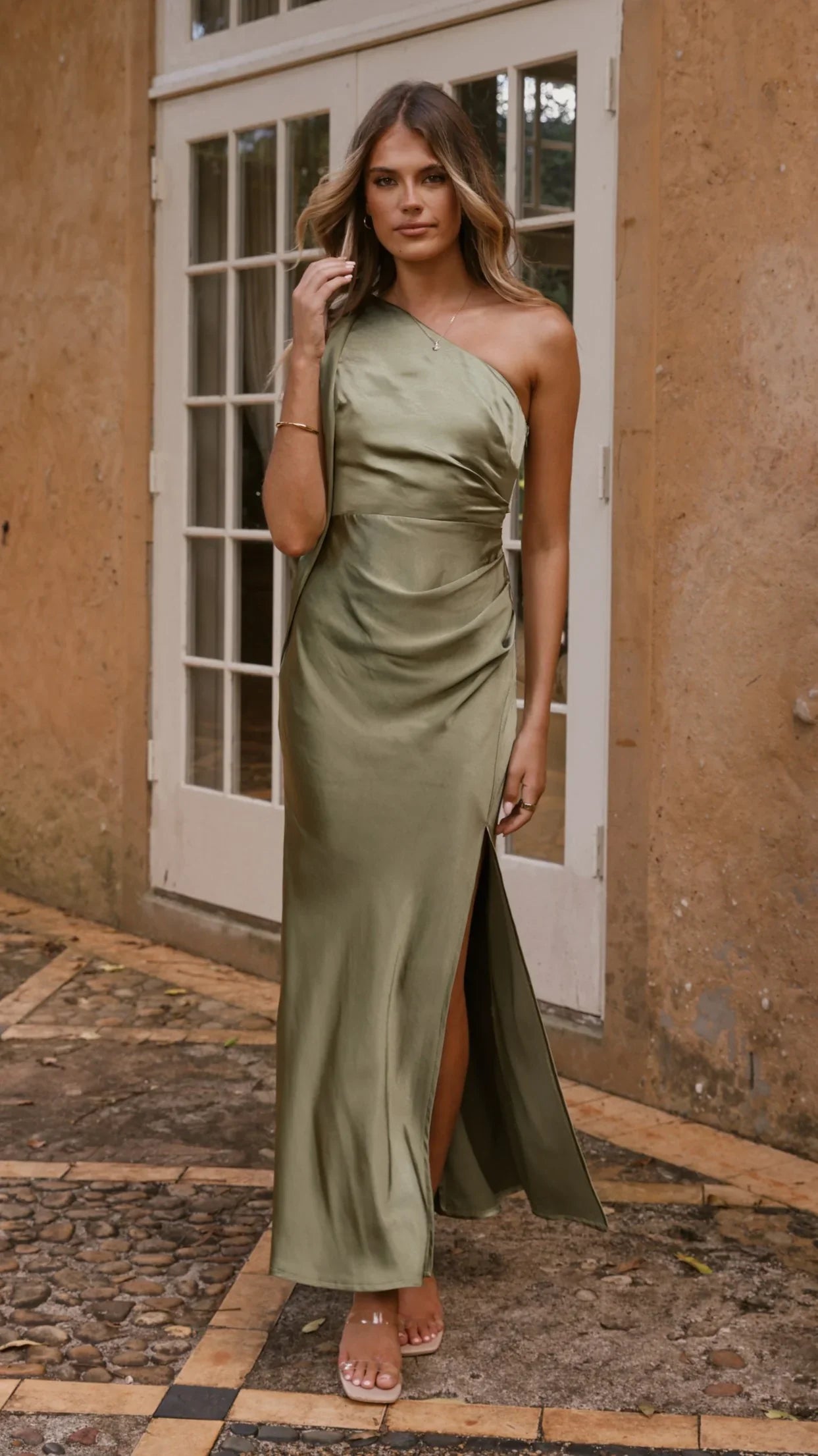 Halle One Shoulder Maxi Dress Olive