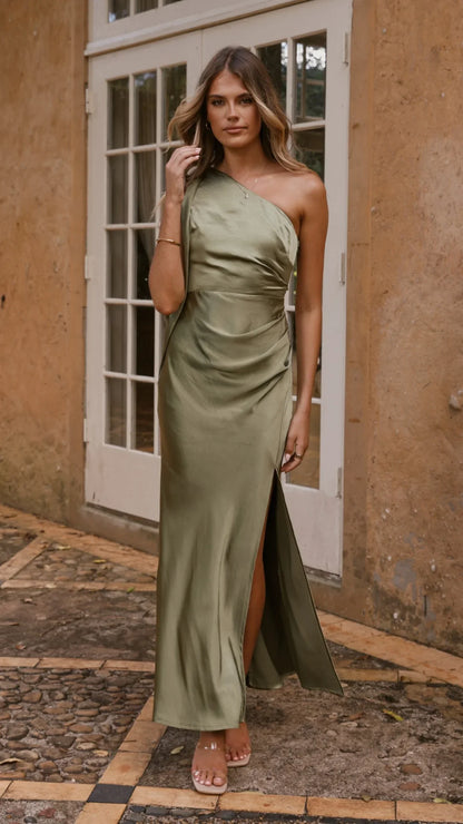 Halle One Shoulder Maxi Dress Olive
