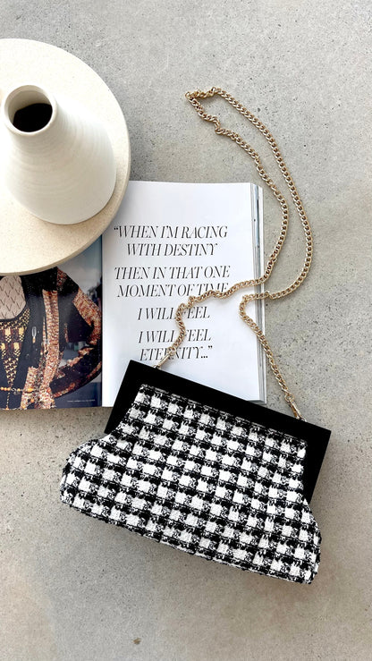 Zoey Boucle Timber Frame Clutch Black White