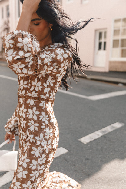 Pierre Long Sleeve Lace Maxi Dress Mocha