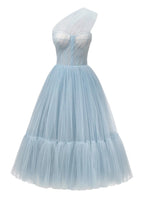 Light Blue One Shoulder Cocktail Tulle Dress
