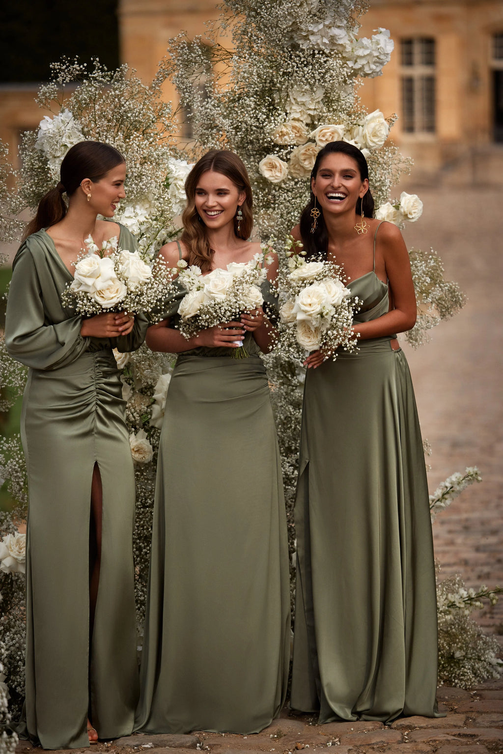 Elegant olive off the shoulder silk maxi dress